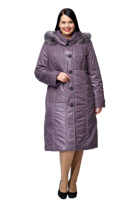Женское пальто из текстиля с капюшоном, отделка песец 8010104