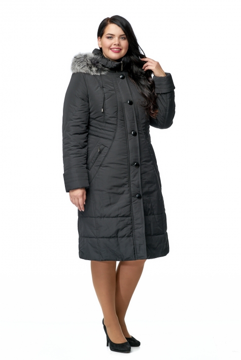 Женское пальто из текстиля с капюшоном, отделка песец 8010605