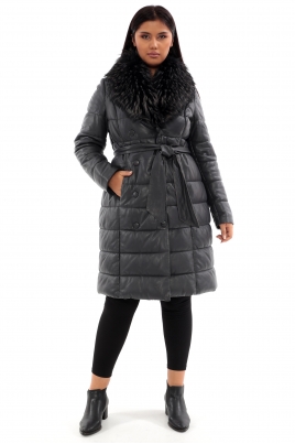 Женское кожаное пальто из натуральной кожи с воротником, отделка енот