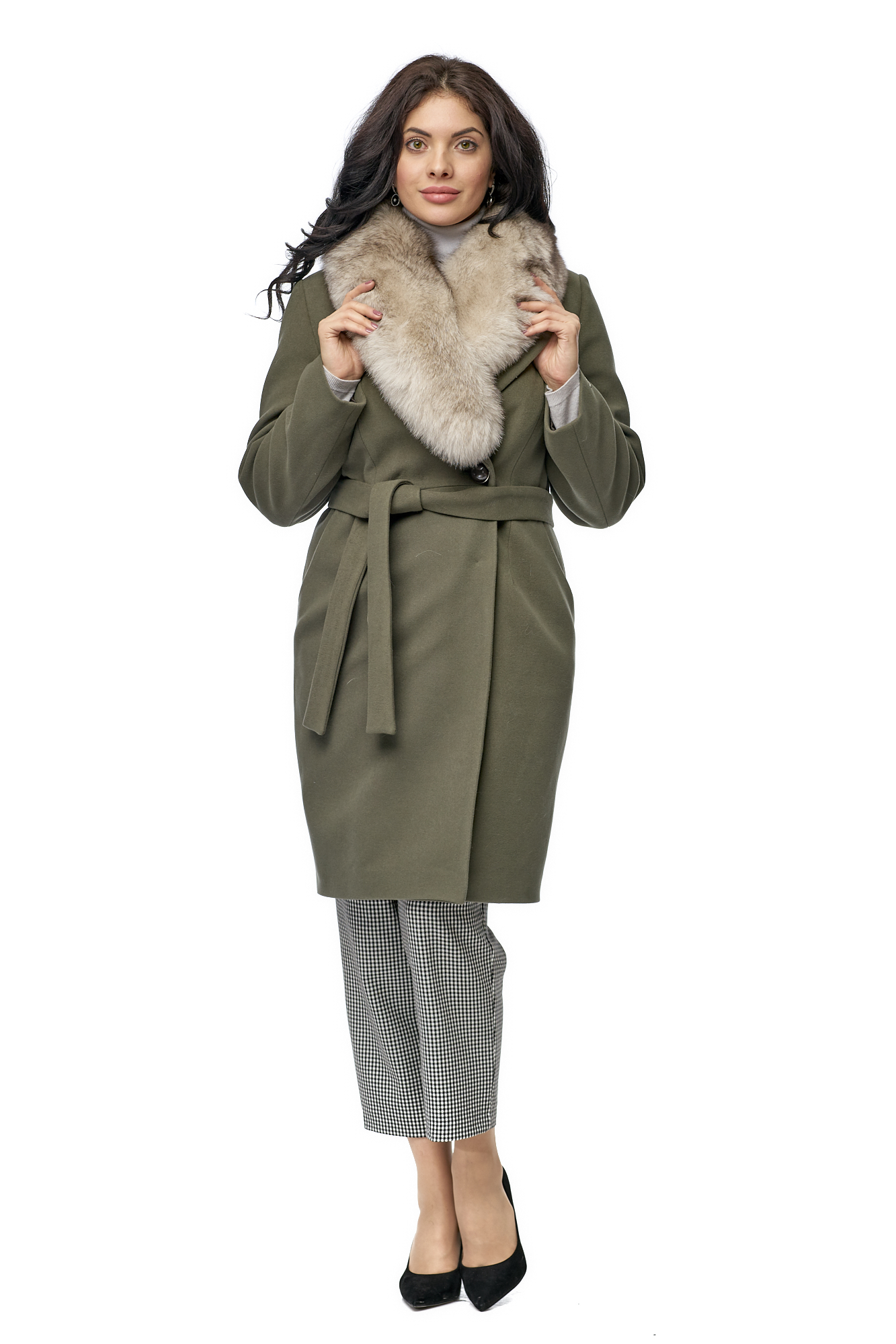 Женское пальто из текстиля с воротником, отделка песец 8001122-2