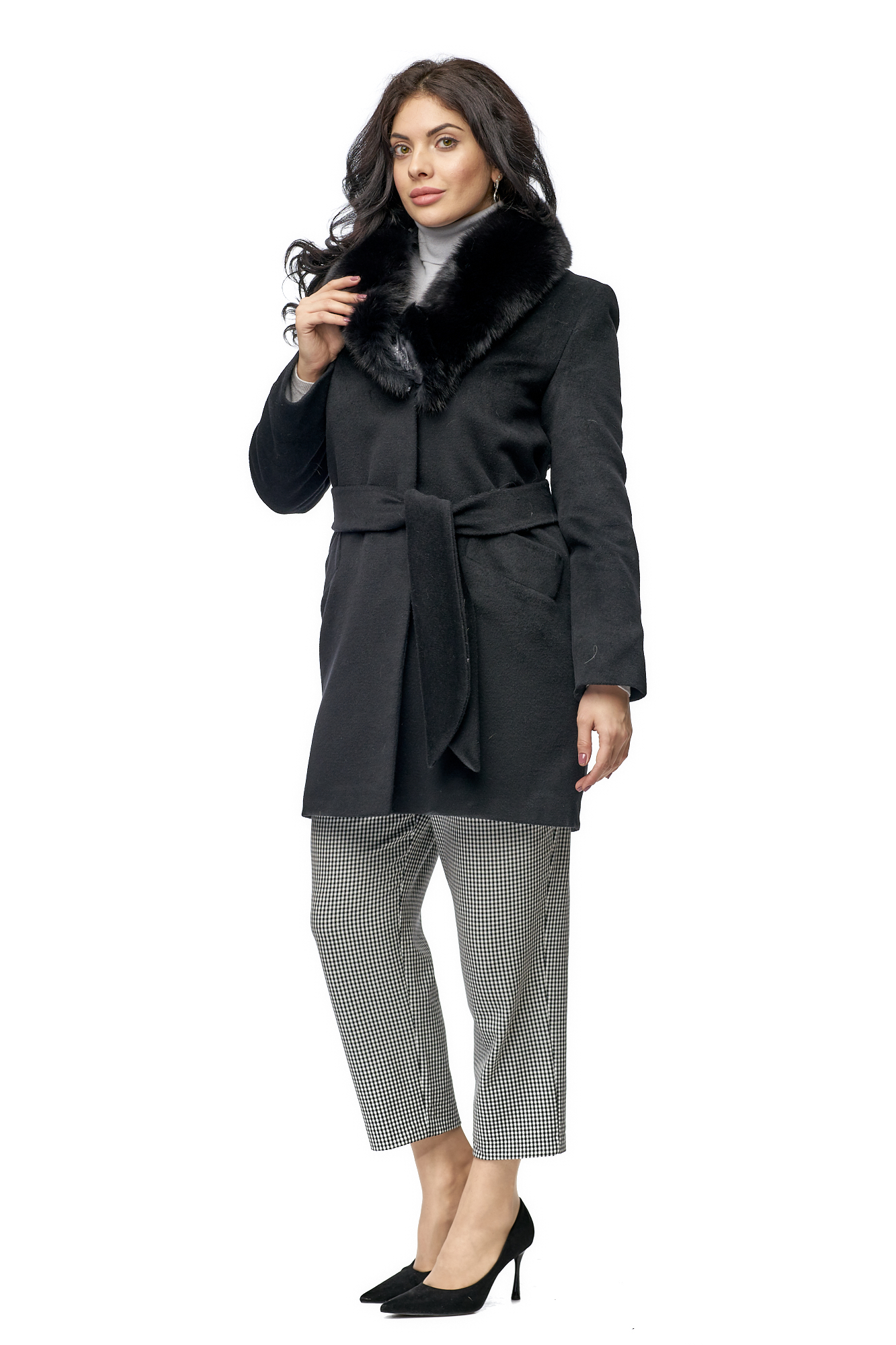 Женское пальто из текстиля с воротником, отделка песец 8001124-2