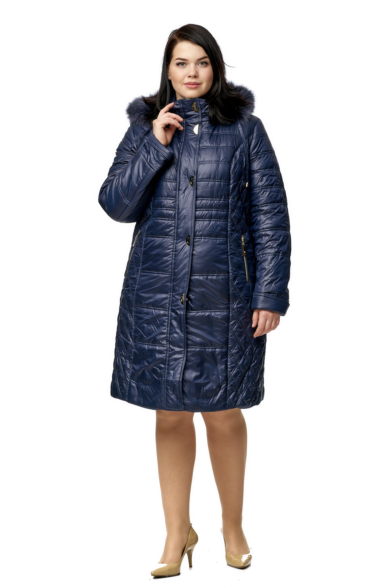 Женское пальто из текстиля с капюшоном, отделка песец 8009984-2