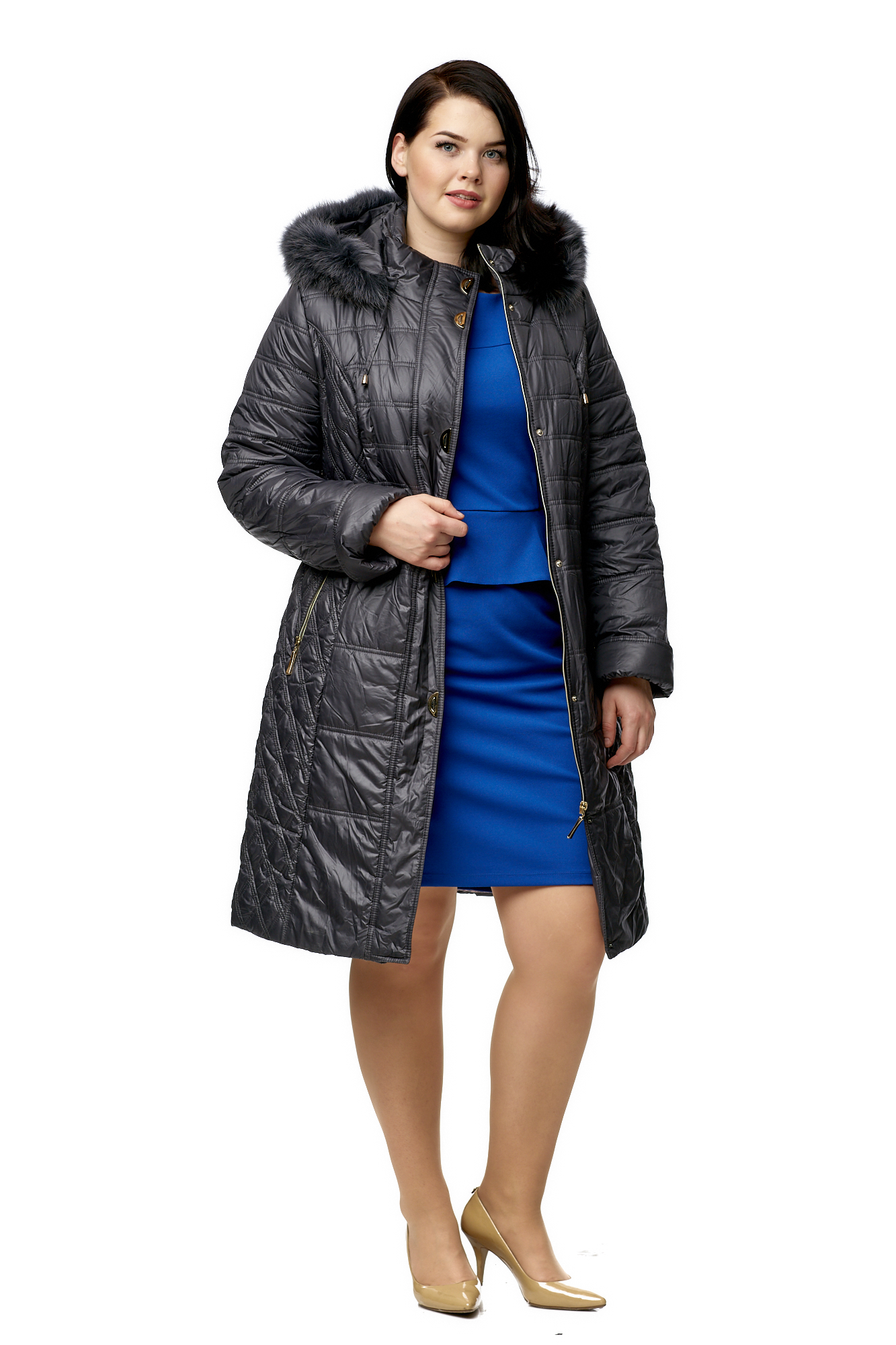 Женское пальто из текстиля с капюшоном, отделка песец 8009988-3