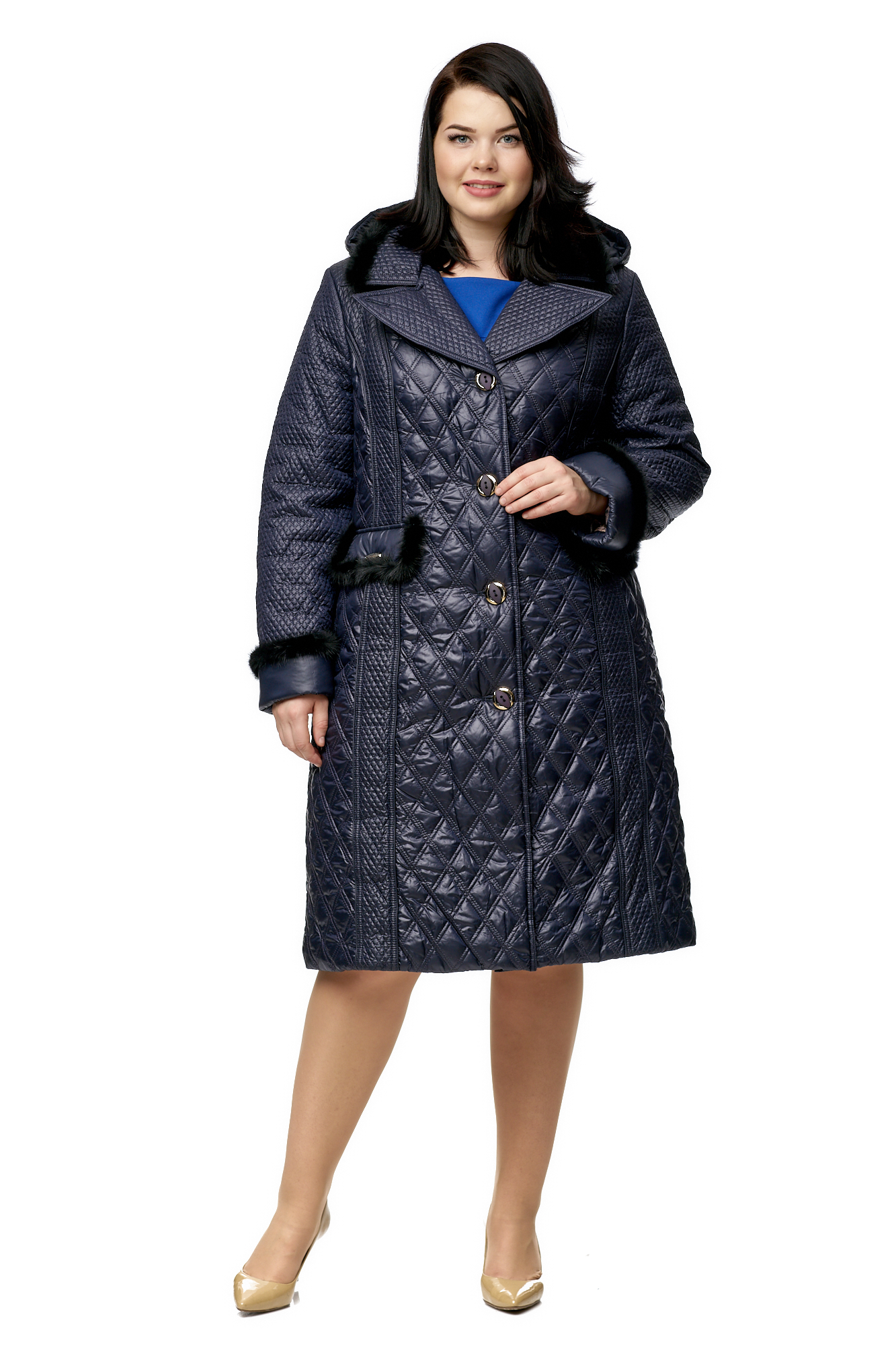 Женское пальто из текстиля с капюшоном, отделка норка 8010038-2