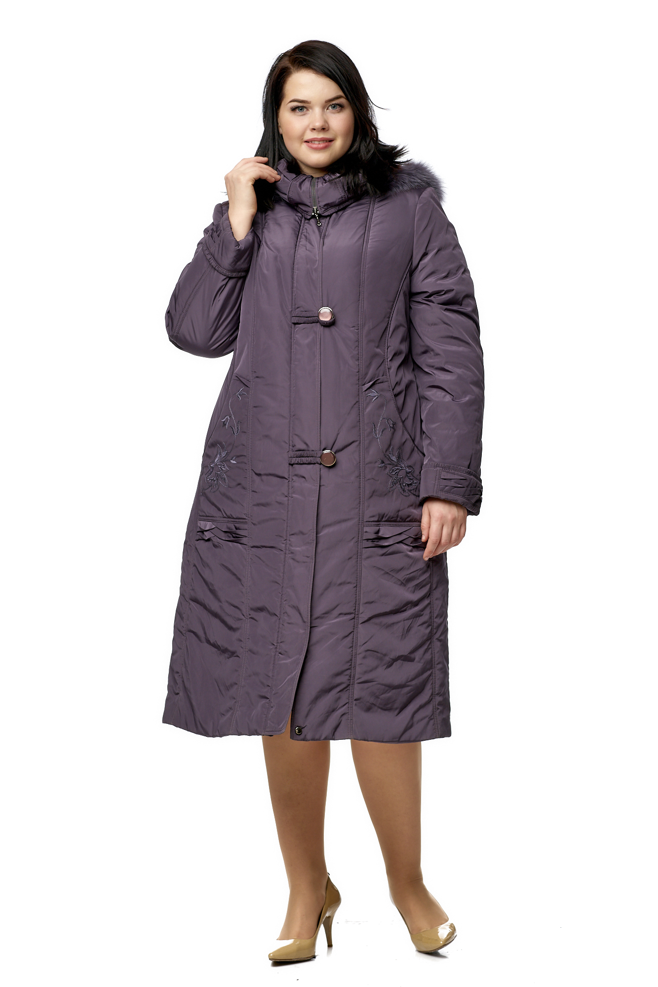 Женское пальто из текстиля с капюшоном, отделка песец 8010518-2