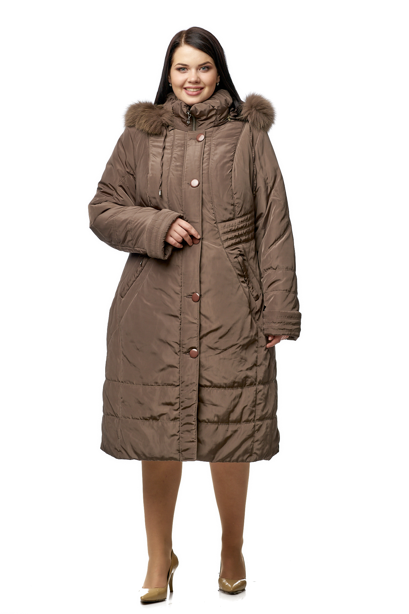 Женское пальто из текстиля с капюшоном, отделка песец 8010642-2