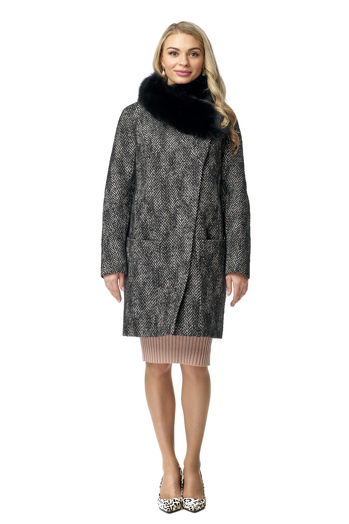 Женское пальто из текстиля с воротником, отделка песец 8010748-2